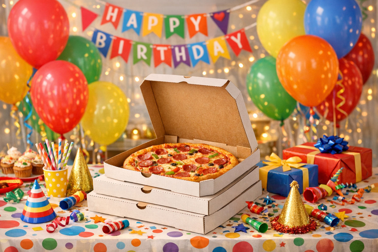 Festive birthday party scene with pizza boxes