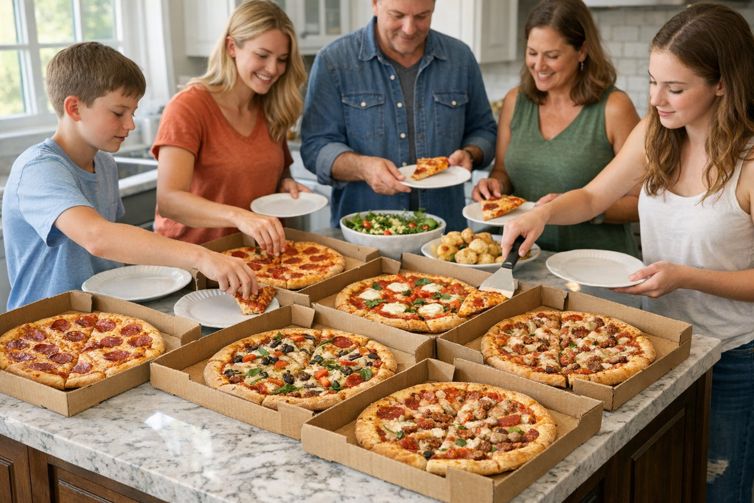 Kitchen island with multiple pizza boxes open