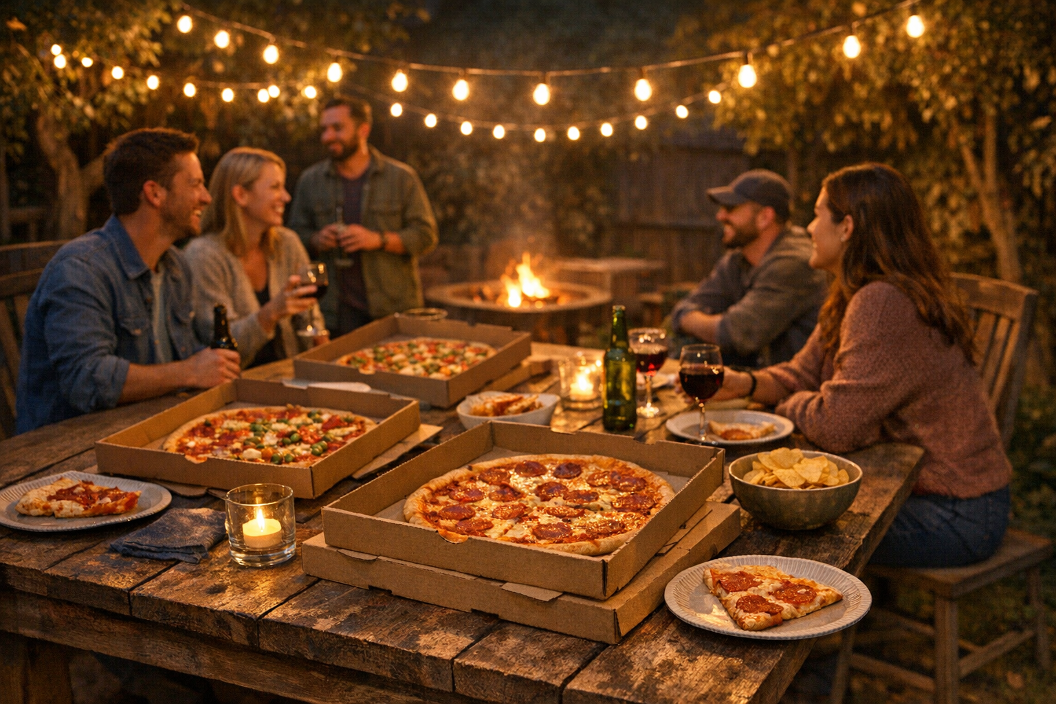 Backyard gathering with friends and pizza boxes