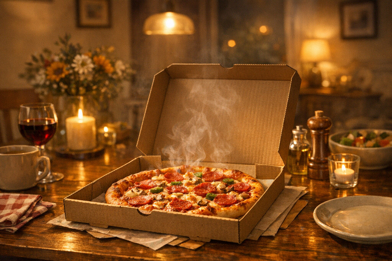 Warm home dining scene with delivered pizza box